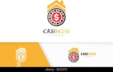Vector casino and real estate logo combination. Chip and house symbol or icon. Unique roulette game and rent logotype design template. Stock Vector