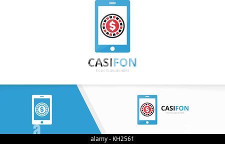 Vector casino and phone logo combination. Chip and mobile symbol or icon. Unique roulette game and device logotype design template. Stock Vector