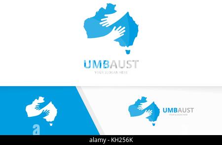 Vector australia and hands logo combination. Oceania and embrace symbol or icon. Unique continent and team, friendship logotype design template. Stock Vector