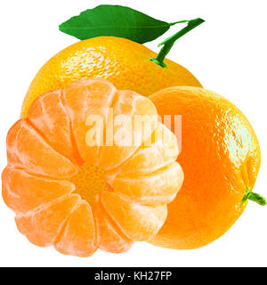 Isolated fruits.  Three fresh whole mandarin isolated on white background with clipping path as a package design element. Stock Photo