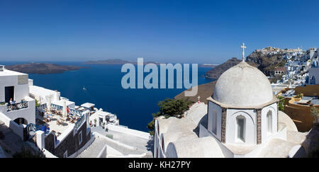 Panoramic view on Caldera, orthodox church at Thira, Santorin island, Cyclades, Aegean, Greece Stock Photo