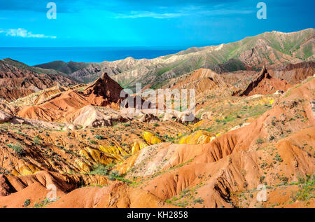 Colorful rock formations in Skazka aka Fairy tale canyon, Kyrgyzstan Stock Photo