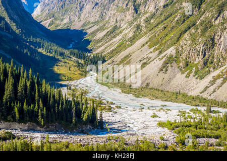 Valley with river and forest in Ala Archa national park, Kyrgyzstan Stock Photo