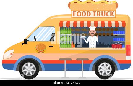 Vector cartoon food truck with male salesman Stock Vector