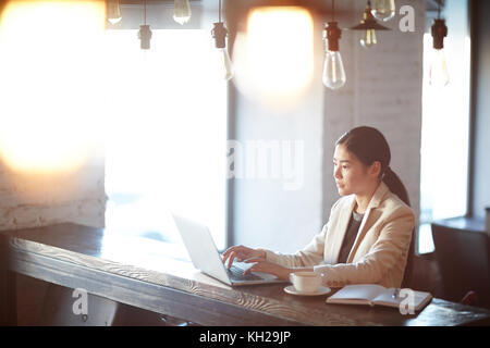 Serious female concentrating on searching for necessary data in the net Stock Photo