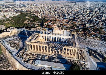 Aerial view of Parthenon and Acropolis in Athens,Greece Stock Photo