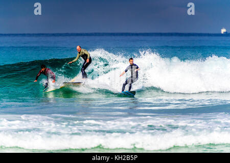 Multiple surfers ride a wave at Sydney's iconic Bondi Beach, NSW, Australia Stock Photo