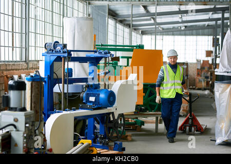 Full length portrait of male worker wearing hardhat pulling empty cart in industrial workshop of modern factory, copy space Stock Photo