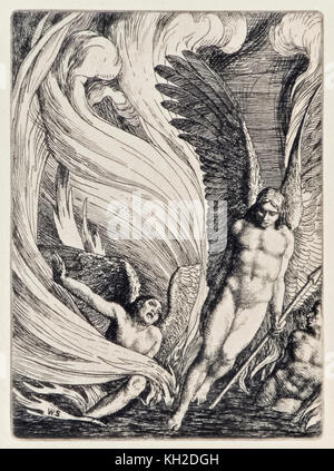 “Satan Rising from the Burning Lake” from ‘Paradise Lost’ by John Milton (1608-1674) a series of 12 illustrations etched by William Strang (1859-1921). See more information below. Stock Photo