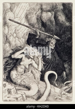 'Sin and Death at the Gates of Hell' from ‘Paradise Lost’ by John Milton (1608-1674) a series of 12 illustrations etched by William Strang (1859-1921). Sin and Death come to Earth. See more information below. Stock Photo