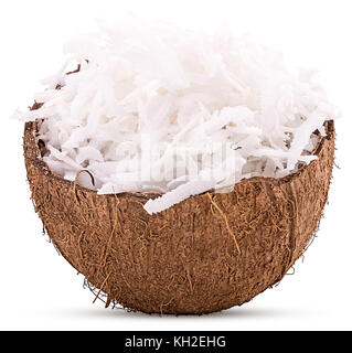 Freshly grated coconut in shell isolated on white background. Clipping Path Stock Photo