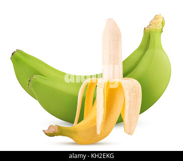 Two green and Ripe peeled bananas isolated on white background. Clipping Path. Stock Photo