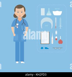 Women nurse in a blue uniform and medical equipment set in flat design. Stock Vector