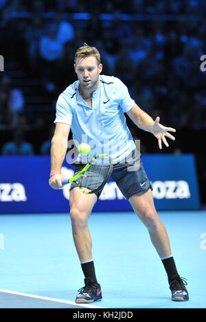 London, UK. 12th November, 2017. Jack Sock (USA) competing in the singles competition in the Nitto ATP Finals at The O2 Arena, London, UK.  The Association of Tennis Professionals (ATP) Finals are the season-ending championships and feature the top 16 singles players as well as a double competition. The event is the second highest tier of men's tennis tournament after the four Grand Slam tournaments. Credit: Michael Preston/Alamy Live News Stock Photo