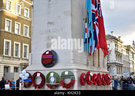 London, UK.  12 November 2017.  (Top) A wreath laid on behalf of The Queen by Prince Charles is seen with other wreaths at The Cenotaph on Remembrance Sunday where members of the Royal Family, dignatories and veterans gave tributes to war dead earlier in the day.  Credit: Stephen Chung / Alamy Live News Stock Photo