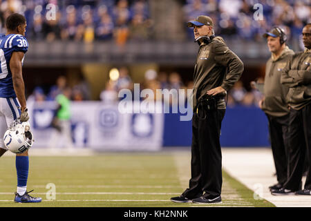 Indianapolis, Indiana, USA. 12th Nov, 2017. November 12th, 2017 - Indianapolis, Indiana, U.S. - Indianapolis Colts head coach Chuck Pagano looks on as the Pittsburgh Steelers tied the score at 17 during the NFL Football game between the Pittsburgh Steelers and the Indianapolis Colts at Lucas Oil Stadium. Credit: Adam Lacy/ZUMA Wire/Alamy Live News Stock Photo