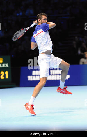 London, UK. 12th November, 2017. Marin Cilic (CRO) competing in the singles competition in the Nitto ATP Finals at The O2 Arena, London, UK. The Association of Tennis Professionals (ATP) Finals are the season-ending championships and feature the top 16 singles players as well as a double competition. The event is the second highest tier of men's tennis tournament after the four Grand Slam tournaments. The event draws more than a quarter of a million spectators, as well as generating a global TV viewership of more than 100 million. Credit: Michael Preston/Alamy Live News Stock Photo