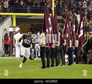 College Station, TX, USA. 11th Nov, 2017. Senior Texas A&M Aggies defensive lineman Zaycoven Henderson (92) takes the field as the senior players are announced ahead of the team for the last home game of the season during the NCAA football game between the New Mexico Lobos and the Texas A&M Aggies at Kyle Field in College Station, TX. Chris Brown/CSM/Alamy Live News Stock Photo