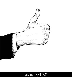 Business man hand thumbs up, Hand in suit showing thumbs up, isolated on white background with engraving style-Hand drawn Vector Illustration. Stock Vector