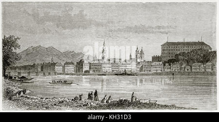 Old view of Linz, Austria. By Lancelot, publ. on le Tour du Monde, Paris, 1863 Stock Photo