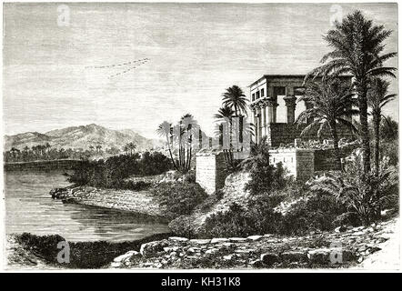 Old view of the temple of Isis, Philae island, Nile river, Egypt. By De Bar, publ. on le Tour du Monde, Paris, 1863 Stock Photo