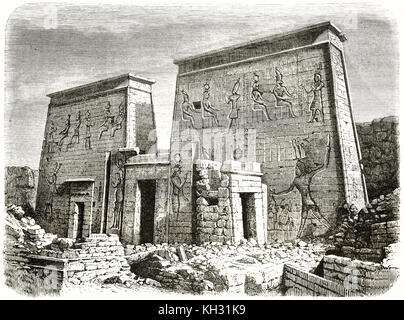 Old view of temple of Isis pylons in Philae island, Egypt. By De Bar, publ. on le Tour du Monde, Paris, 1863 Stock Photo