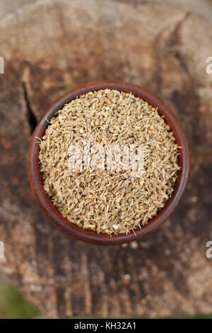 Whole anise seeds in wood bowl over rustic wood trunk background Stock Photo