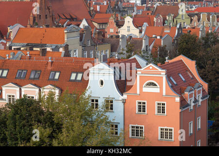 Old residential buildings at the Main Town (Old Town) in Gdansk, Poland, viewed from above in the morning. Stock Photo