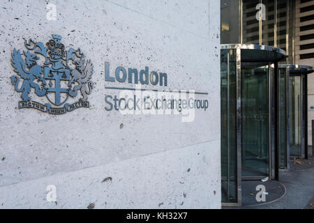 The London Stock Exchange coat of arms - My Word is My Bond (Dictum Meum Pactum), outside the LSE on Paternoster Row, London, EC4, Stock Photo