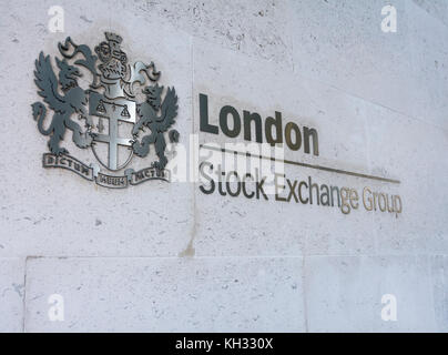 The London Stock Exchange coat of arms - My Word is My Bond (Dictum Meum Pactum), outside the LSE on Paternoster Row, London, EC4, Stock Photo