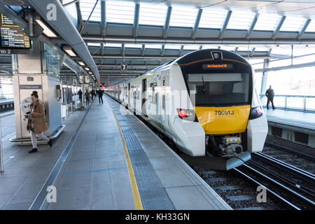 The cab of a Thameslink Desiro City Class 700 train leaving Blackfriars Rail Station, London, England, UK Stock Photo