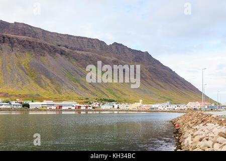 A view of the Isafjordur waterfront in Northern Iceland. Stock Photo