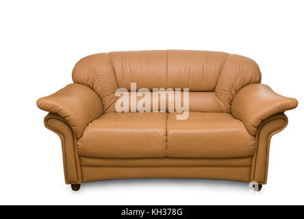 Small convenient leather sofa. Presented on a white background. Stock Photo