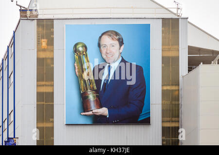 A mural of Howard Kendall hangs on the Main Stand, Goodison Park, Everton Football Club in England.  Howard was a successful player and manager.