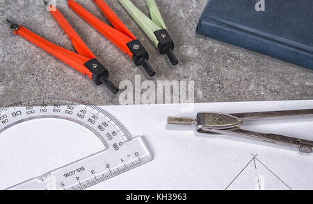 Mathemethics and geometry tools in the school and projecting. Stock Photo