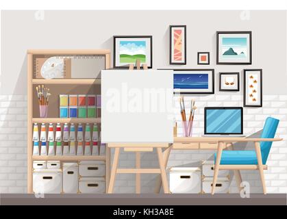 Work place of designer-illustrator and artist with drawing easel and many other artistic materials. Art-working process. Flat design vector illustrati Stock Vector