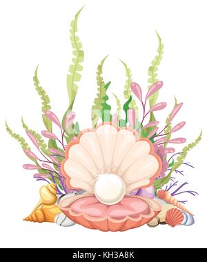 Finest quality beautiful natural open pearl shell close up realistic single valuable object image vector illustration Web site page and mobile app des Stock Vector