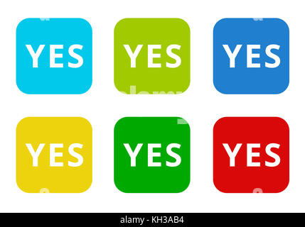 Set of rounded square colorful flat icons with the word yes in blue, green, yellow, cyan and red colors Stock Photo