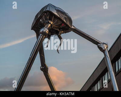 A sculpture from HG Well's book War of the Worlds - a Martian fighting machine in Church Street, Woking, where H.G. Wells lived Stock Photo