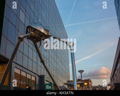 A sculpture from HG Well's book War of the Worlds - a Martian fighting machine in Church Street, Woking, where H.G. Wells lived Stock Photo