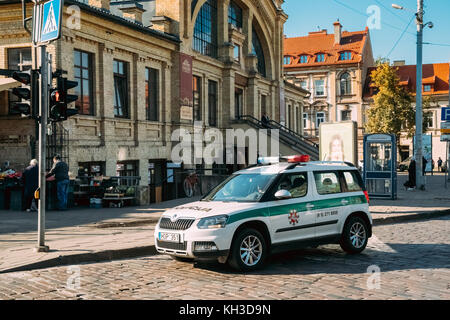 Vilnius, Lithuania - September 29, 2017: Police Skoda Yeti Car Parked In Front Of Market Hales Turgus Stock Photo