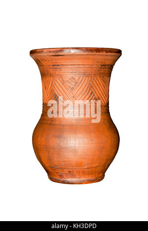 old ceramic clay jug for milk with a floral pattern in folk style isolated Stock Photo