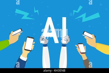 Flat human hands hold big AI symbol Stock Vector