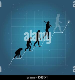 Growth of business or economy as human evolution on chart. Blue background. Stock Vector