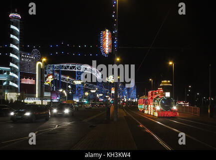 Different ways of seeing Blackpool Illuminations: by illuminated tram of by car Stock Photo