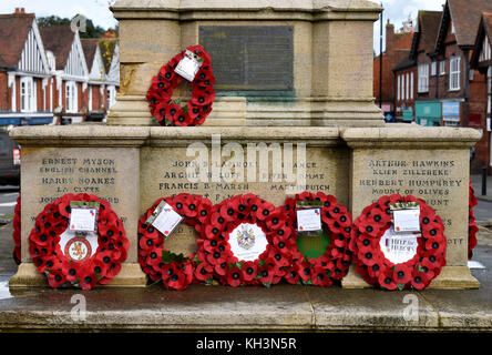 Wreaths laid at the War Memorial on Remembrance Sunday, High Street,  Haslemere, Surrey, UK. Sunday 12th November 2017. Stock Photo