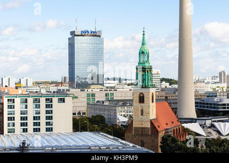 BERLIN, GERMANY - SEPTEMBER 13, 2017: above view of Berlin city with Marienkirche from Berliner Dom in september. Berlin is the capital and the larges Stock Photo