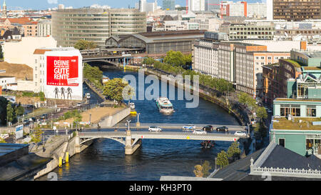 BERLIN, GERMANY - SEPTEMBER 13, 2017: panoramic view of Berlin city with Marschallbrucke bridge over Spree river in Mitte district from Reichstag buil Stock Photo