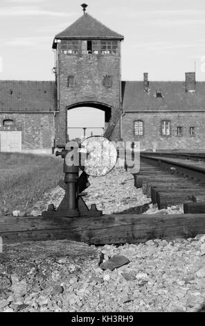 Main entrance to Auschwitz Birkenau Concentration Camp, Poland Stock Photo