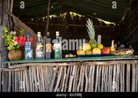 BAHIA, BRAZIL - FEBRUARY 11, 2016: Rustic Brazilian beach bar shack sells alcoholic drinks made with tropical fruits. Stock Photo